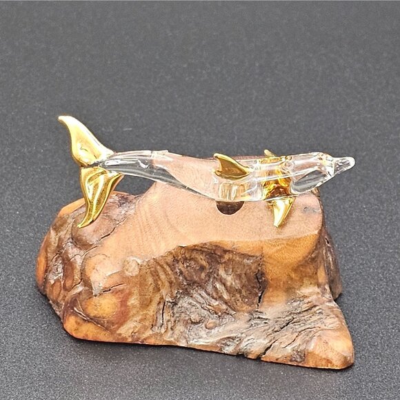 Raw Natural Wood Clear Glass Dolphin Figurine GoldTone Tip Finish 1.5" VTG Décor - Picture 9 of 16